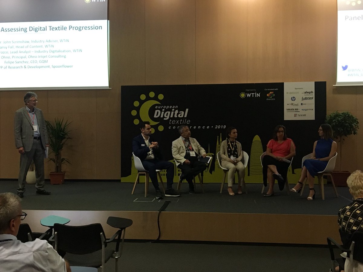 WTiN_DTC's tweet photo. A panel discussion assessing #digitaltextile progression is underway. @WTiNComment, @GQMBrasil, @Spoonflower, #OhnoInkjetConsulting. #WTiN_DTC https://t.co/Ukchau1RWs