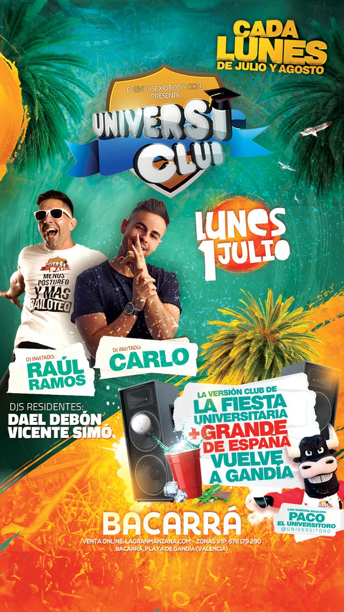 Comenzamos la revolución del verano en Gandia 💥

A partir del próximo #LUNES recibimos la versión club de UniversiParty, la fiesta universitaria + grande de España durante todos los lunes del verano. 

#Bacarra #Playa #Gandia #Valencia #HastaElAmanecer #LaGranManzana