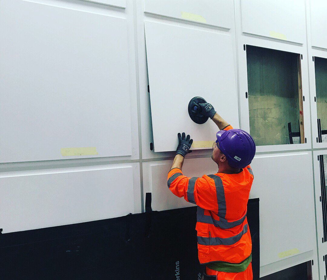 Wall panels installed using Button-Fix at a major London transport hub. Our fixings allows for panelling to be easily mounted and removed for inspection of a concrete wall behind. Project by @rdshopfitting. #transportdesign #removablewall #buttonfix #rdshopfitting