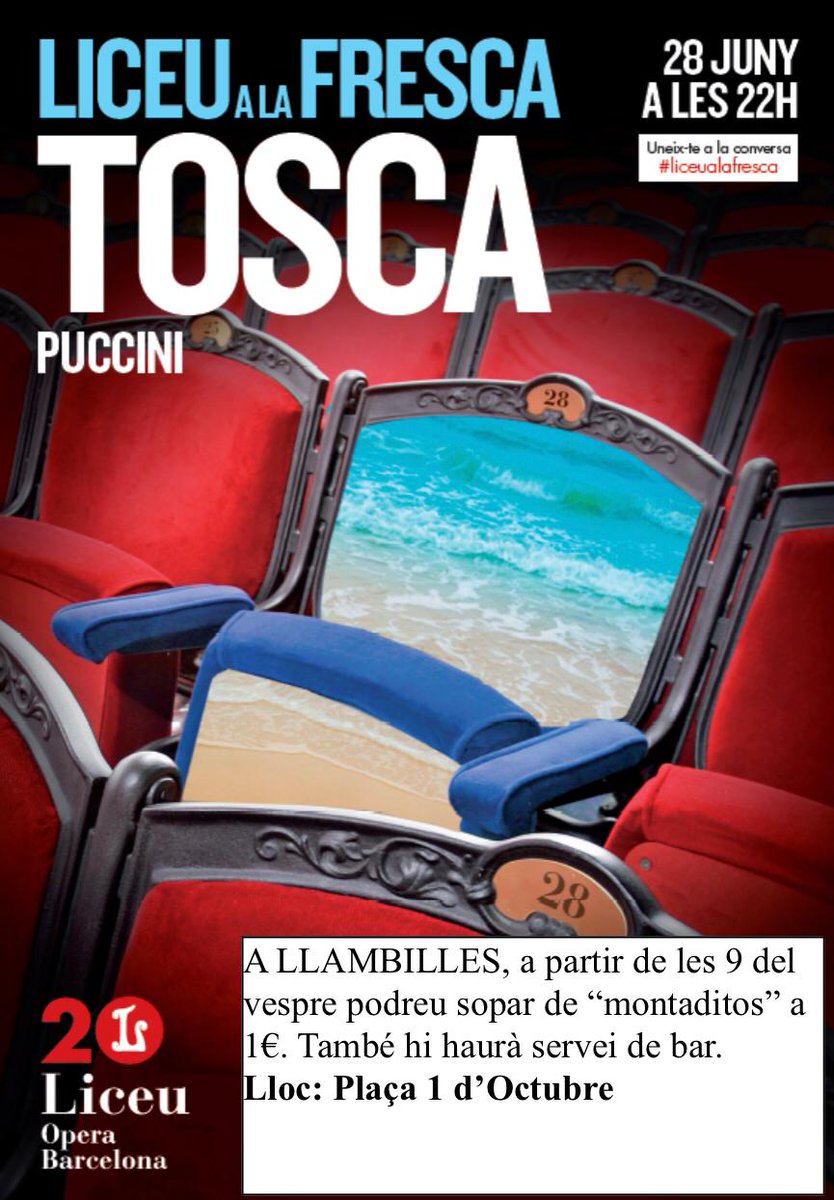 👉Divendres 28 de juny a les 22h “Liceu a la Fresca” amb l’obra TOSCA de Puccini 🎭 #ÒperaPuccini
👉 A partir de les 21h ja podrem gaudir dels Montaditos🍢🍤🥟🍣
👉Lloc: Plaça 1 d’octubre de #Llambilles
👉El “Liceu a la Fresca” és una activitat GRATUÏTA.☺️
#liceualafresca