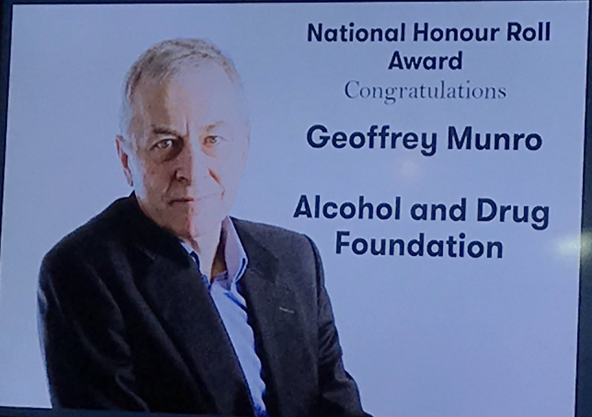 FionaHPatten's tweet photo. Can’t think of a better recipient for the alcohol and drug foundation national honour roll award - Geoffrey Munro @GeoffMunro who has tirelessly worked to remove the barriers to help people flourish #adfconf2019 #Prevention2019 https://t.co/8mheEsXfaT