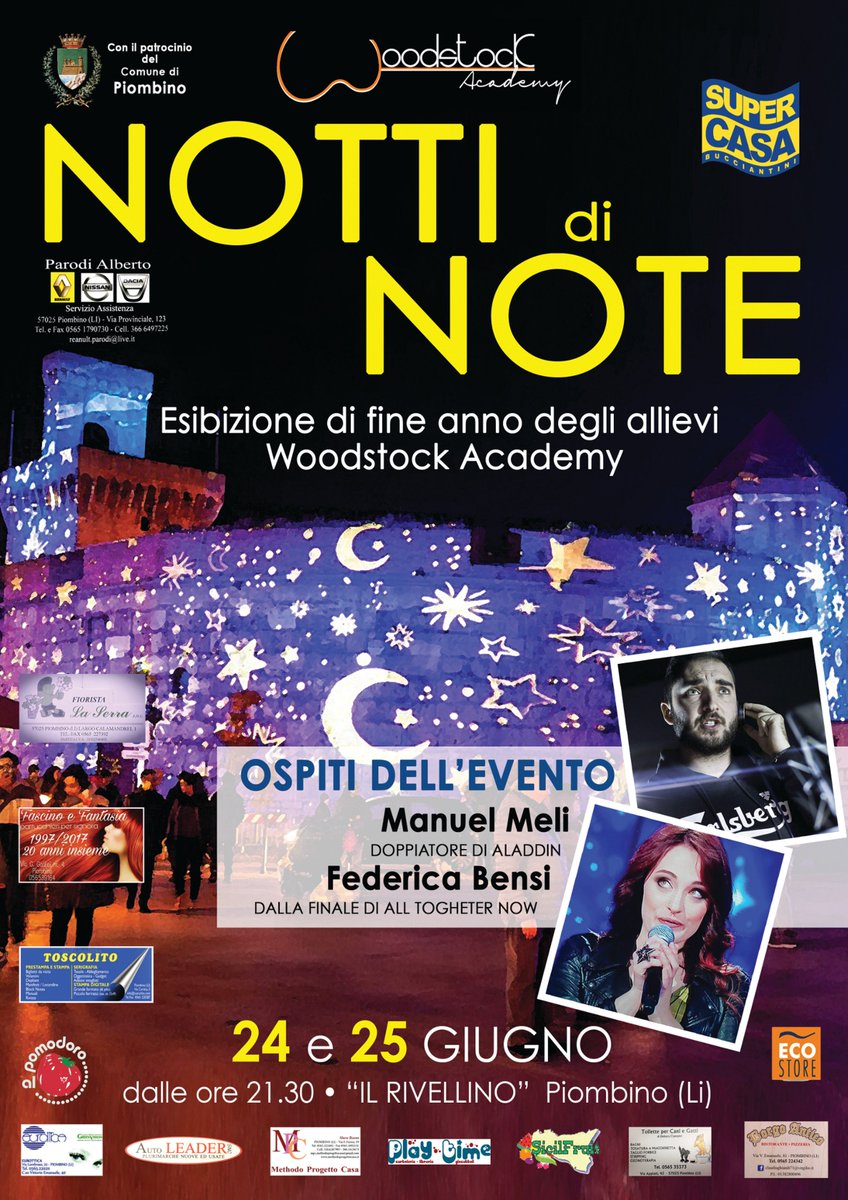 Questa sera e domani al Rivellino concerto di fine anno degli allievi Woodstock Academy due giorni di musica dal vivo. Ospiti dell'evento Manuel Meli "doppiatore di  Aladdin" e Federica Bensi dalla finale di All Together Now.
Ingresso libero