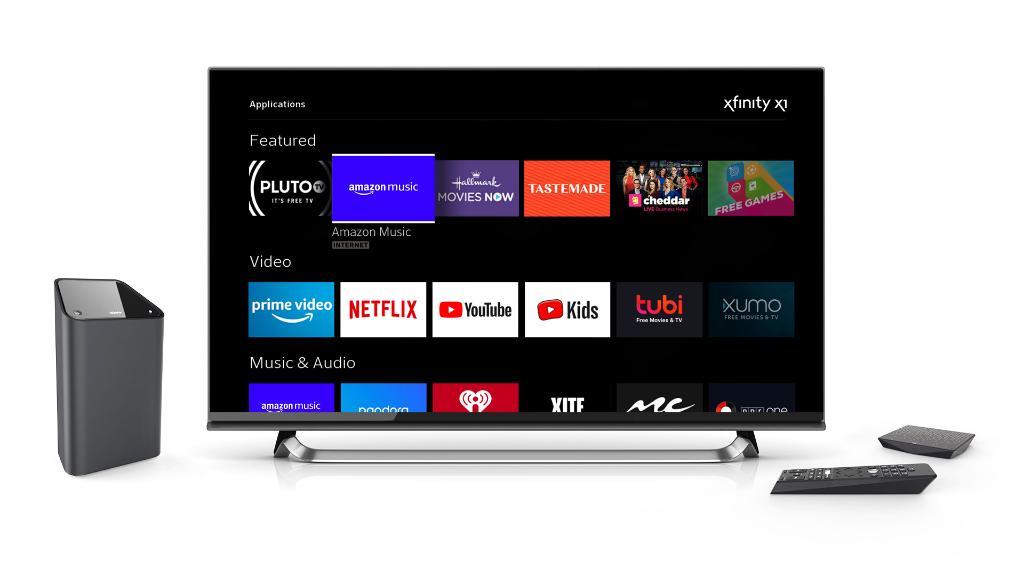 ComcastKY's tweet image. "Play Amazon Music." 
By saying these three words into the @Xfinity voice remote, Comcast customers can listen to millions of songs through @amazonmusic without having to download the app. #XfinityX1 #XfinityFlex.