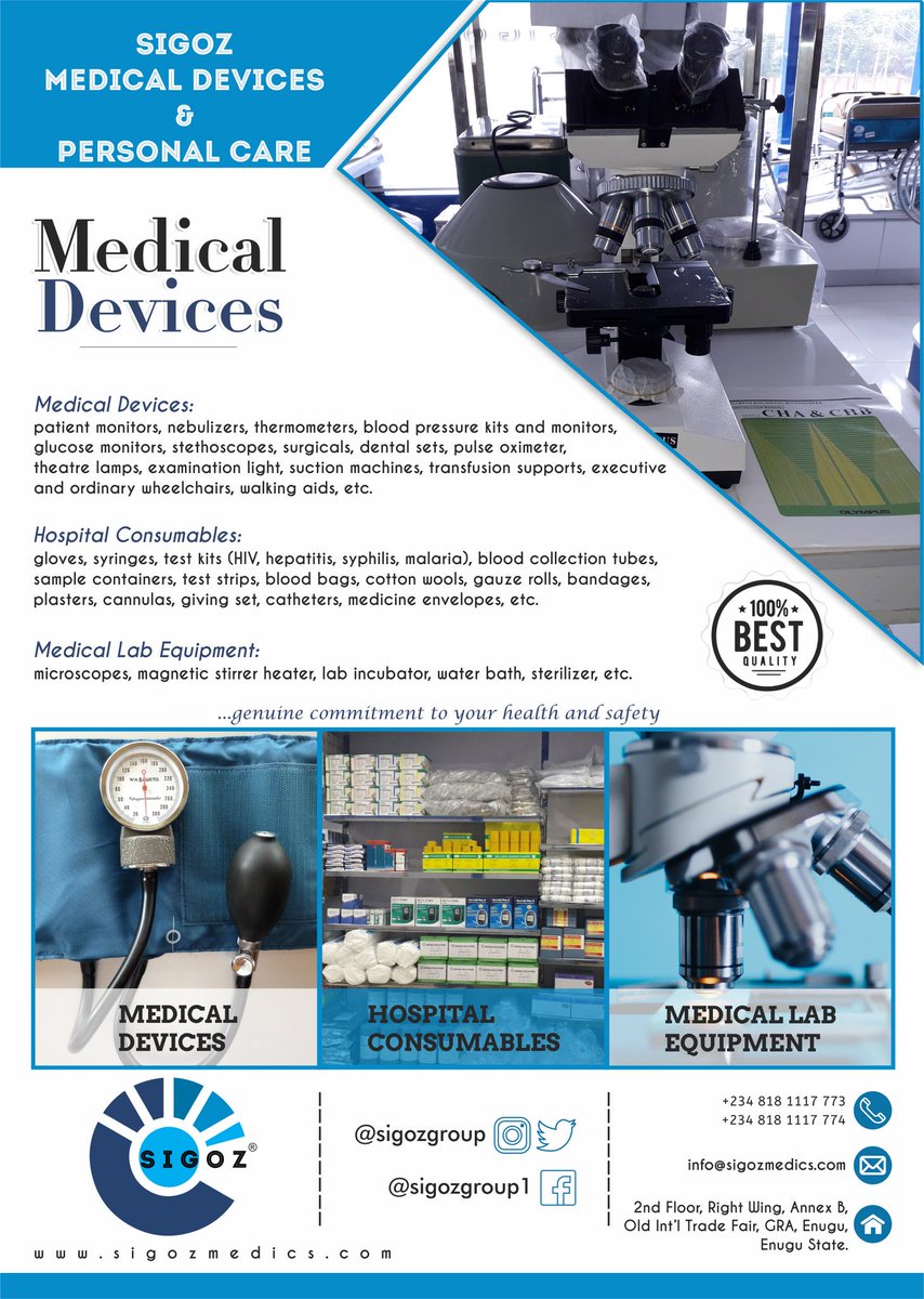 sigozgroup's tweet photo. SIGOZ MEDICAL DEVICES
Sales and supplies of top quality and affordable medical devices and hospital consumables...
#MedicalEquipment
#HospitalConsumables
#MedicalLabEquipment
#SIGOZ
...genuine commitment to your health and safety https://t.co/5XHr2wwvJr