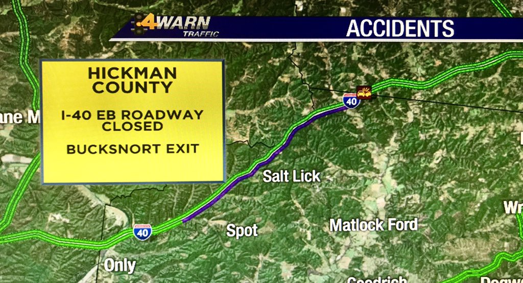 LindsNance's tweet image. HICKMAN COUNTY: I-40 EB is closed a few miles past the Bucksnort exit. Take Hwy 50 to Hwy 100 @WSMV #4WARN #traffic