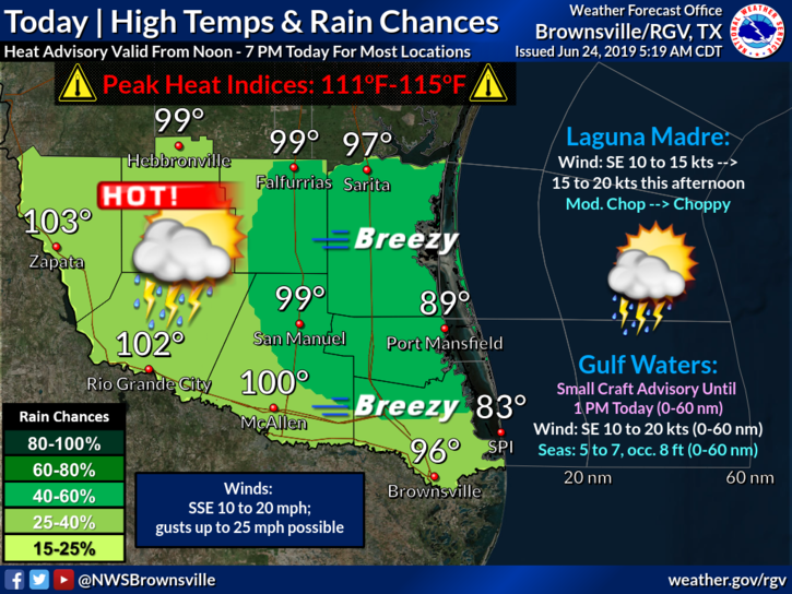 Today's (June 24, 2019) Forecast Heat Advisory for most of the RGV & Deep South Texas from Noon