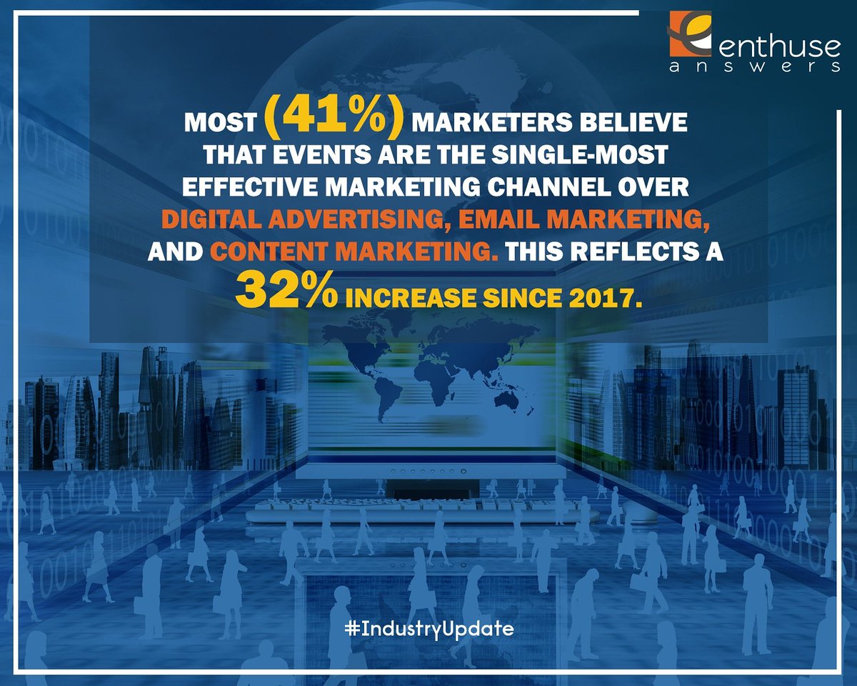 Most (41%) marketers believe that events are the single-most effective marketing channel over digital advertising, email marketing, and content marketing. 
.
.
. 
Source: Bizzabo 2018
.
#EnthuseAnswers #Enthuse_Answers #IndustryUpdate #EventStats #lifeIsAnEvent #EventManagement
