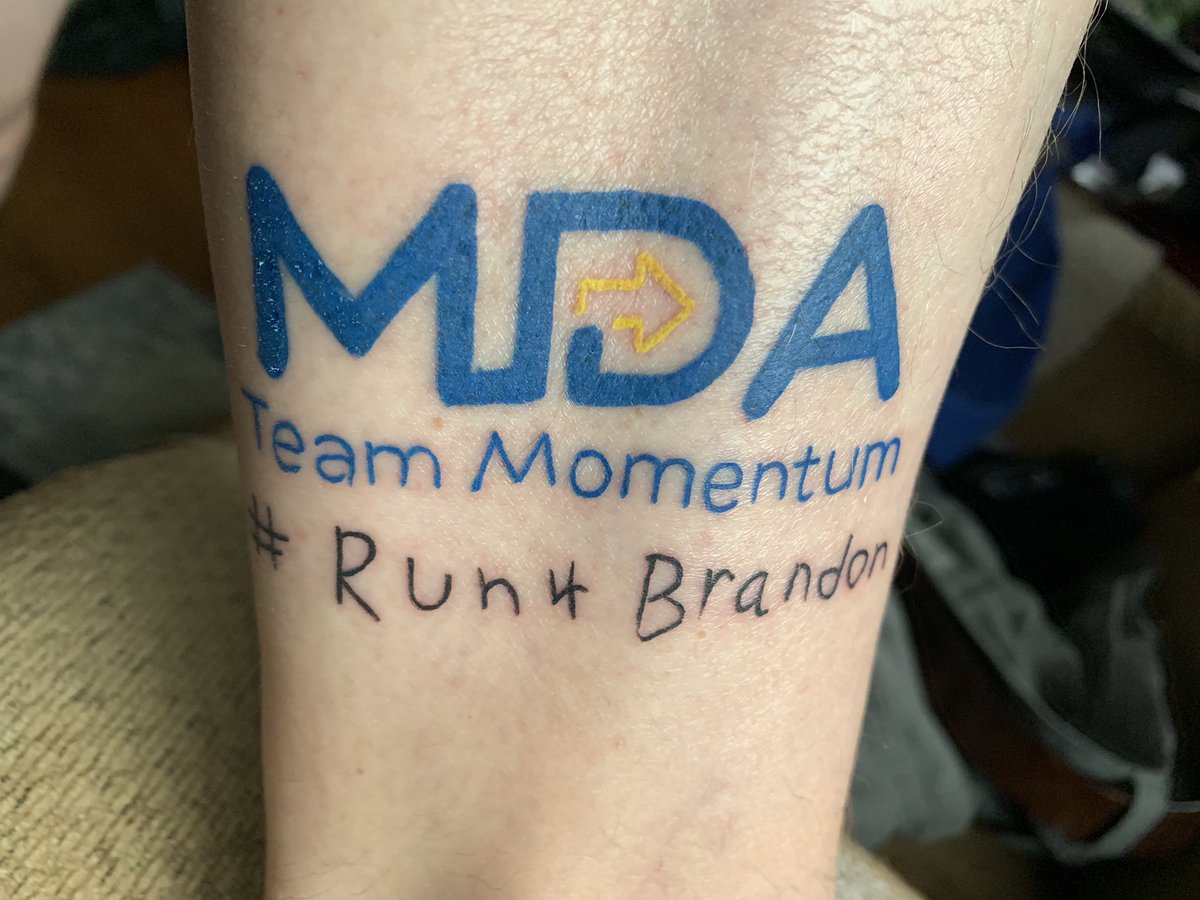Mattophotog's tweet photo. I got some new ink over the weekend. Including some @STL_MDA #teammomentum ink, with my hashtag in my sons handwriting. I’m so happy he was still able to hold a pencil and write it for me. Also some @StLouisBlues art on the other leg. @StanleyCup @RonRigdon #Run4Brandon https://t.co/wEZNncMY9N