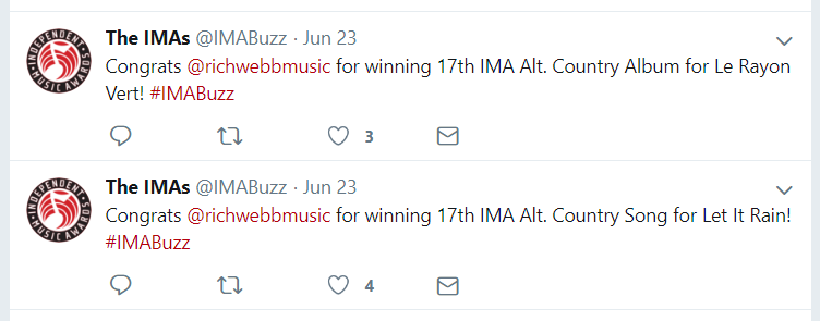 georgelondon's tweet image. Woke yesterday to news from New York that WE WON 2019 Best Album AND Single in our category at Independent Music Awards!! @IMABuzz @richwebbmusic

Alt-Country album: Le Rayon Vert
Alt-Country single: Let It Rain

Does this make us "award winning musicians" now? #timetoupdatethecv