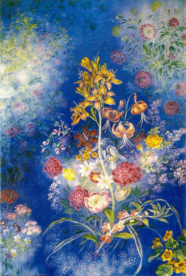 Kateryna Bilokur (1900 - 1961)
Flowers on the blue background, 1943 .