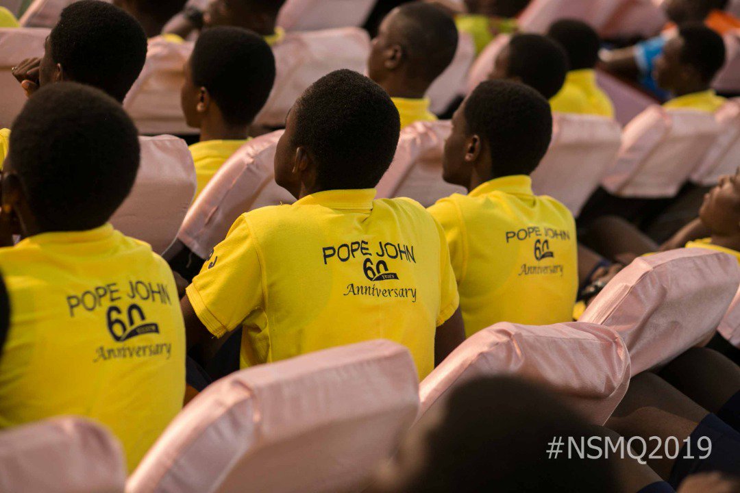 NSMQGhana's tweet photo. End of contest:

Pope John SHS: 36pts
Notre Dame Girls' SHS: 23pts
K.S.T.S: 18pts

Congratulations Pope John SHS! You fought well...see you at the Quarterfinals! #NSMQ2019 #NSMQ2019OneEighth https://t.co/dX7Zqyc5dn