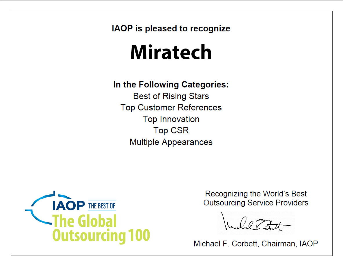 Miratech_Group's tweet photo. We are very excited to share with you that @IAOP has recognized Miratech as the Best of the Global Outsourcing 100 in five categories:

-Best of Rising Stars
-Top Customer References
-Top Innovation
-Top CSR
-Multiply Appearances

#GO100awards #outsource #innovation https://t.co/BuJczlOTul