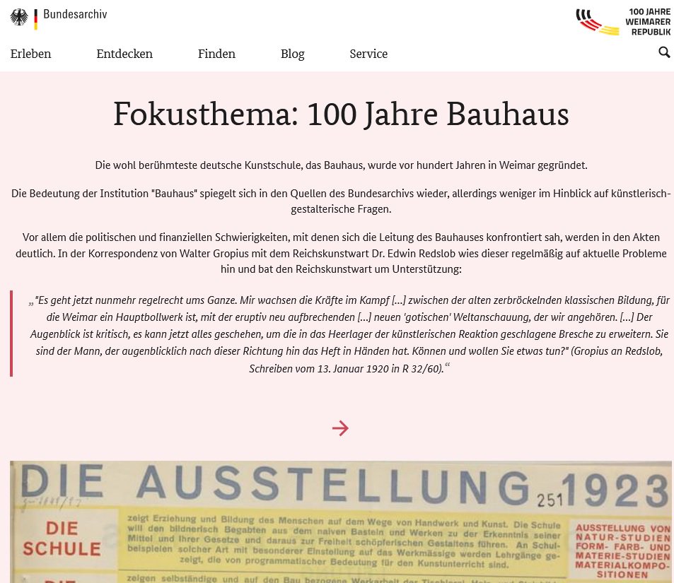 RT bauhaus100 'RT BundesarchivD: #bauhaus100jahre: Aktuelles Fokusthema mit virtueller Galerie zum #Bauhaus mit Dokumenten aus dem #dasBundesarchiv in unserem Quellenportal 'Weimar - Die erste deutsche #Demokratie'. #portalWeimar bauhausarchiv bauhau… '