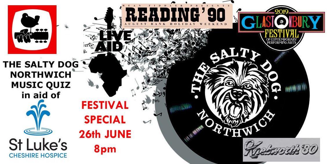 This Wednesday, the <a href="/saltydogpub/">Salty Dog</a> is hosting a special music quiz to mark the beginning of Glastonbury 2019! 

It's £2 per person and the winning team will receive a £50 bar tab. 🍺 🍺 

Proceeds will go to <a href="/StLukesHospice/">St Luke's Hospice</a>.

<a href="/TeamBID/">Groundwork BID Team</a> <a href="/ilovenorthwich/">ILoveNorthwich</a> <a href="/ShoutNorthwich/">Shout Northwich</a>