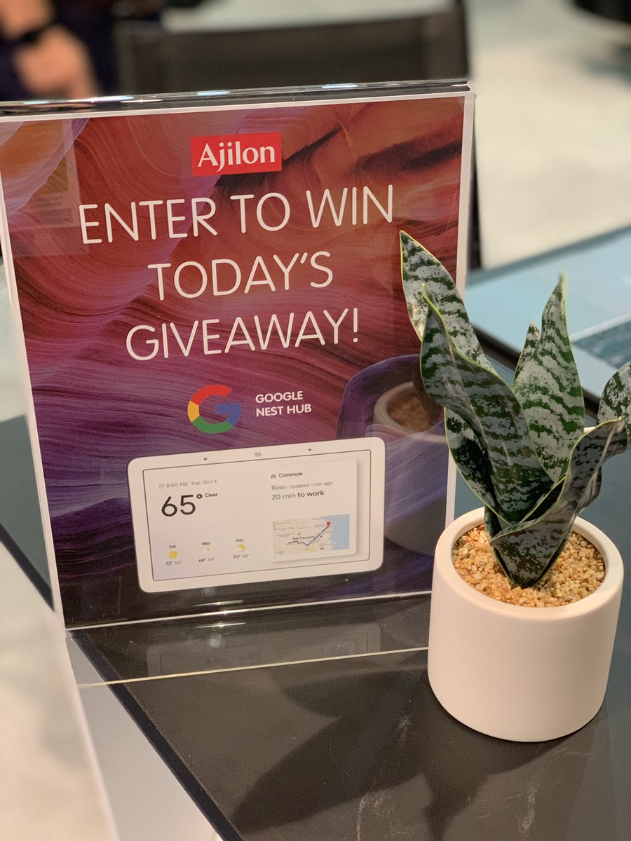 ajilon's tweet photo. Make sure to enter to win today’s BIG GIVEAWAY: a Google Nest Hub 🤩 #Booth910 #SHRM2019 @SHRM https://t.co/GMtbBhZXml