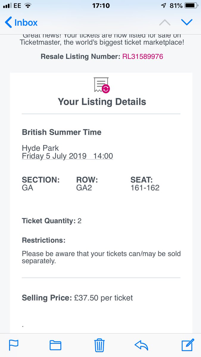 Two tickets for <a href="/celinedion/">Celine Dion</a> as I can longer attend unfortunately