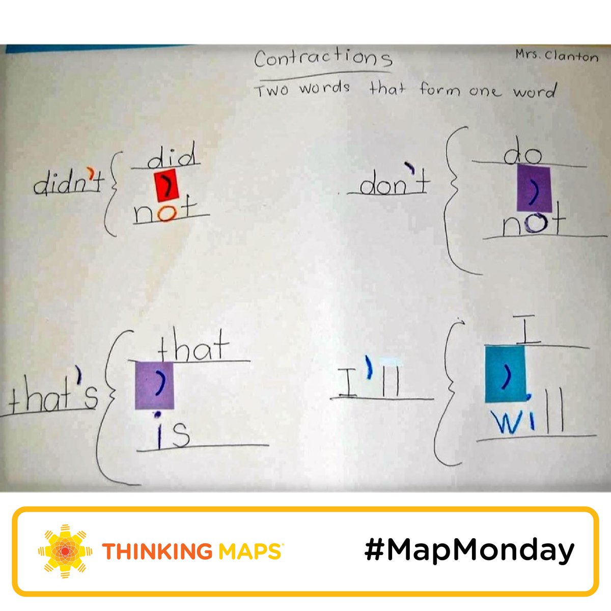 ThinkingMaps's tweet photo. We're starting #MapMonday with color coding & contractions! Each #BraceMap is awesome because students can see spelling patterns and the parts of the contraction. Check out these maps and many others in the #ThinkingMaps Learning Community: https://t.co/IikxGHWGjx https://t.co/yisARXUZGT