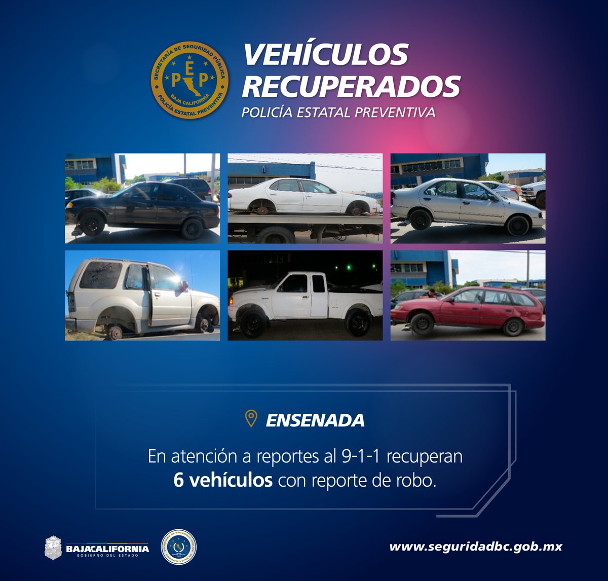 gesibc's tweet photo. En atención a distintos reportes al #911Emergencias, la Policía Estatal Preventiva recuperó 6 vehículos que contaban con reporte de robo en #Ensenada.
👉Checa aquí los vehículos recuperados: https://t.co/tGgq6lzhcS
#Vehículosrecuperados #PEPBC @GobiernoBC @KIKOVEGA_ https://t.co/Gs2XcPBn9X