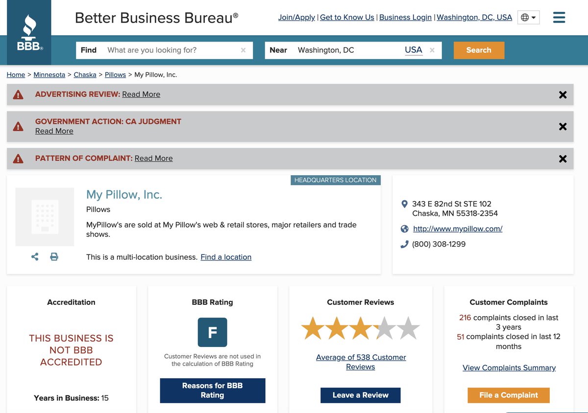 JordanUhl's tweet image. MyPillow—the company run by the "born-again Christian" &amp;amp; hyper-conservative Mike Lindell—has an F from the BBB and the company's page is filled with angry boomers who have been scammed with deceptive BOGO deals