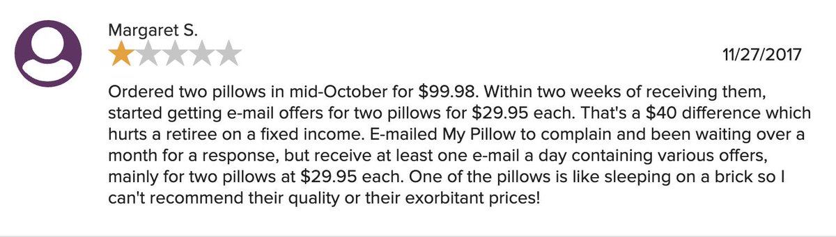 JordanUhl's tweet image. MyPillow—the company run by the "born-again Christian" &amp;amp; hyper-conservative Mike Lindell—has an F from the BBB and the company's page is filled with angry boomers who have been scammed with deceptive BOGO deals