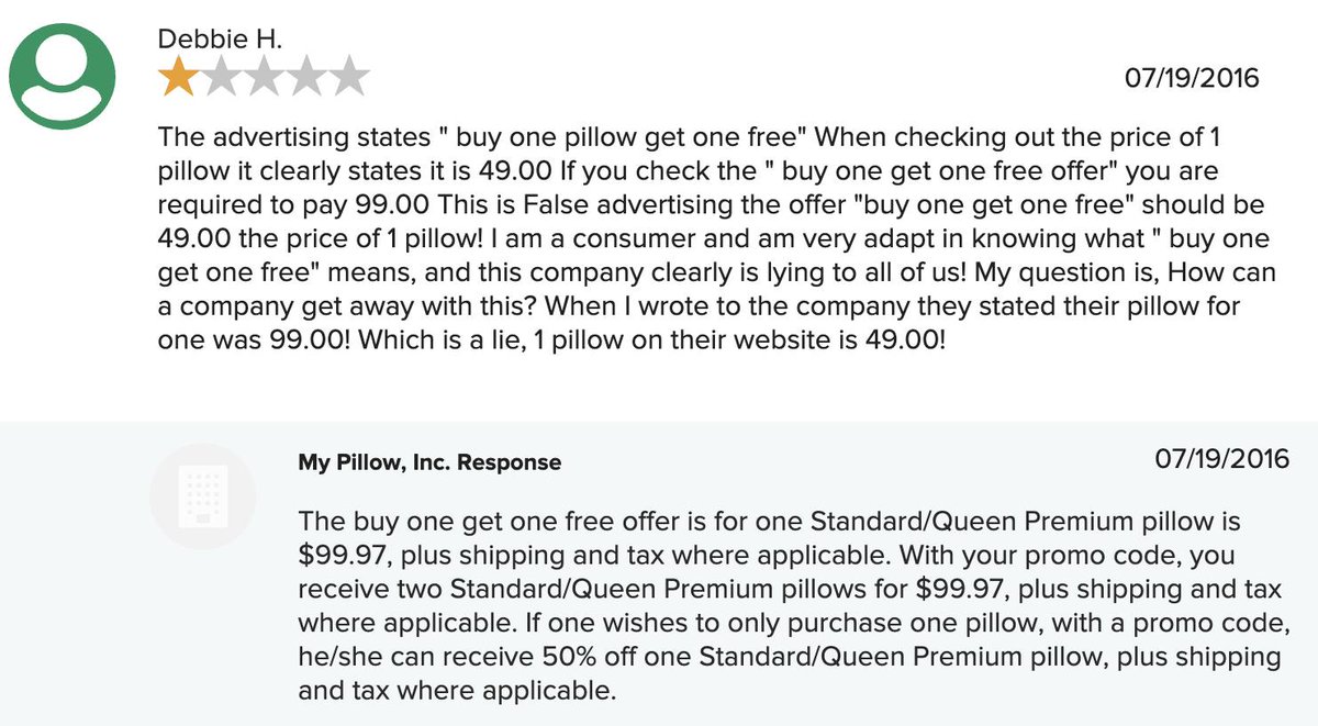 JordanUhl's tweet image. MyPillow—the company run by the "born-again Christian" &amp;amp; hyper-conservative Mike Lindell—has an F from the BBB and the company's page is filled with angry boomers who have been scammed with deceptive BOGO deals