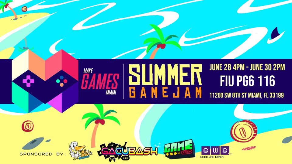 initfiu's tweet photo. It's time for the @makegamesmiami Summer Game Jam! Create game prototypes over a full weekend with the South Florida Game Developer community. Build your own skills, cultivate some creative ideas, and have tons of fun! #makegamesmiami #summergamejam #upefiu #fiuscis #fiucec #fiu https://t.co/DdKz2KVJUj