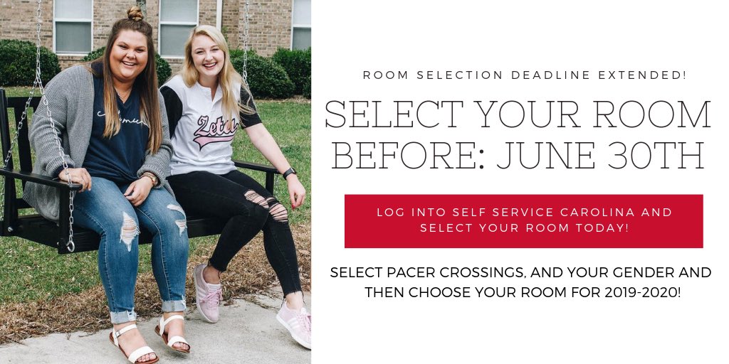 Guess what?? We extended the deadline! Incoming students have until JUNE 30th to select their room! » ALSO, it’s not too late to apply for housing! Log into Self Service Carolina and apply today! 🏠