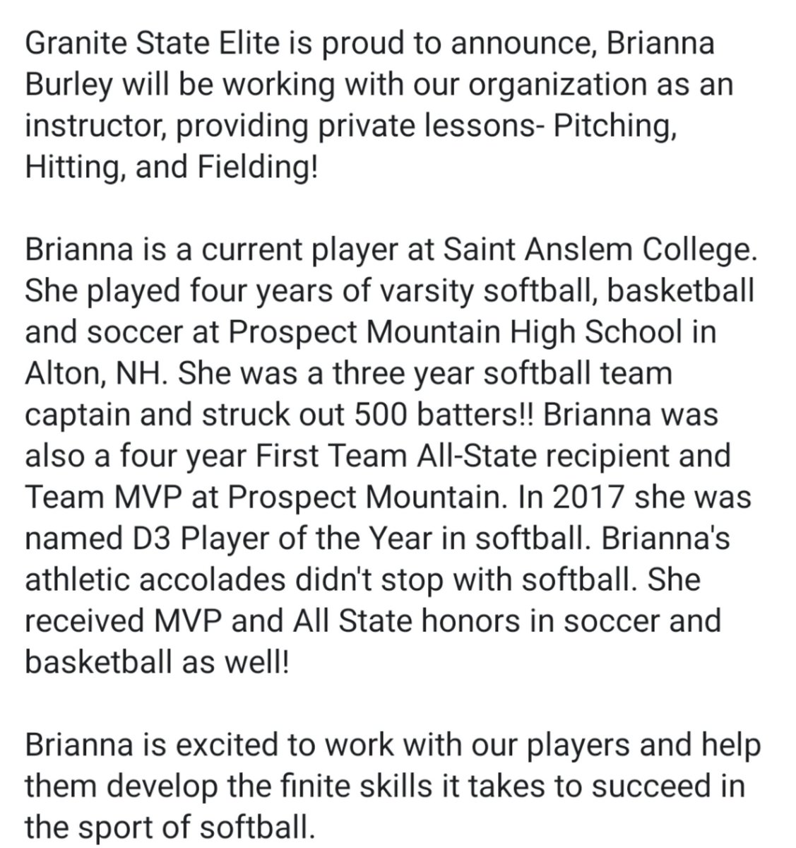 @gselitesoftball announces Brianna Burley of @SaintAnselm to provide our players with private instruction- Pitching Hitting and Fielding. Email bburley@anslem.edu to schedule a lesson @gselitesoftball will release the names of our other fantastic instructors in the days to come!