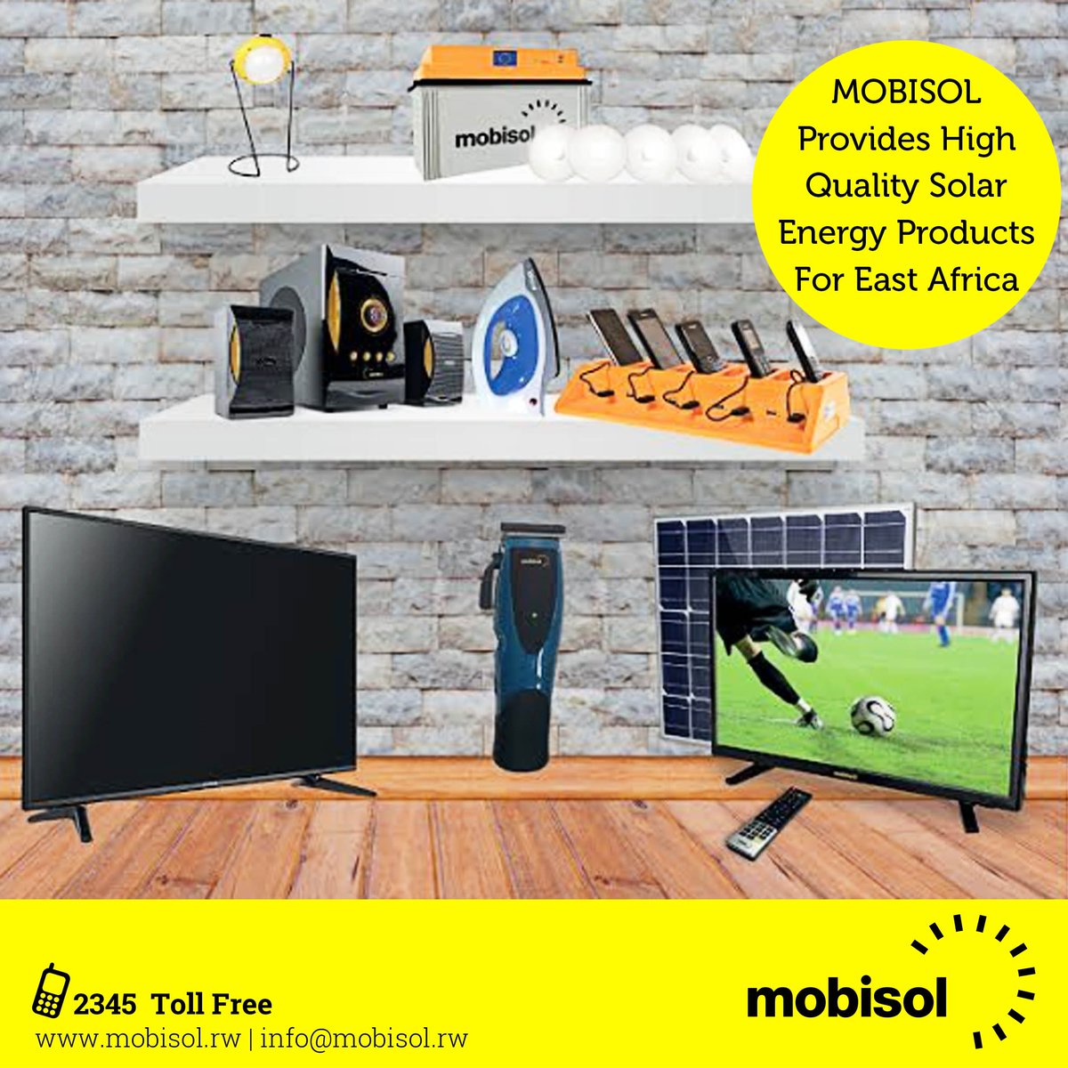 Purchase MOBISOL best solar appliances to maximize your off-grid power supply today.

✅TVs
✅Lights
✅Hair clippers
✅Pressing Irons
✅Radios &amp; Woofers 
✅Chargers and more

Call our toll free 2345 for more details.

#Mobisol #SolarSolutions #BestSolarBestLife #Rwanda #RwOT