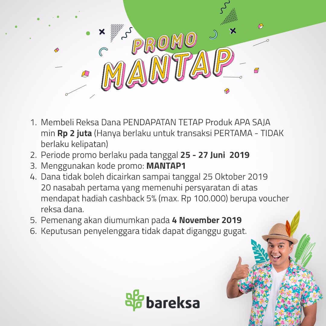 bareksa's tweet photo. BESOK Bareksa kembali lagi ngadain promo yang MANTAP nih (Menabung Reksa Dana Pendapatan Tetap) dengan hadiah cashback 5%* loh!π€©
#InvestasiMulaiDiBareksa #MANTAP1 #MenabungReksaDanaPendapatanTetap #bareksa #reksadana https://t.co/Q8sqjkINik