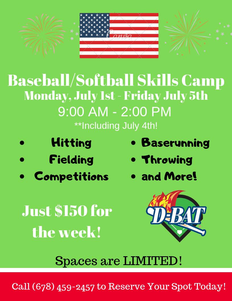 PerimeterDBAT's tweet image. We still have open spots available for our #July4th camp starting on July 1st! Call and reserve your spot today! ⚾️🎇 #baseball #camp 
-Join The D-BAT WAY!