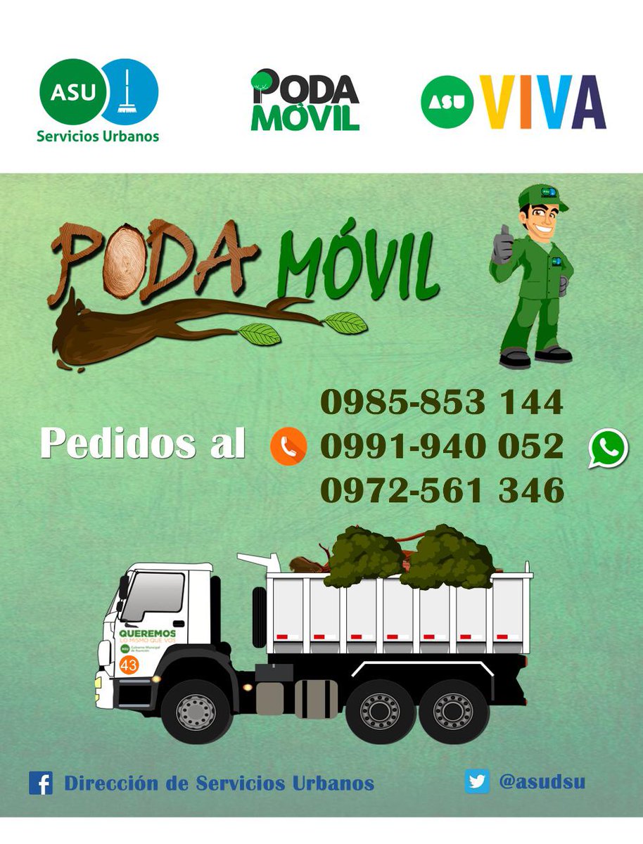 AsuDsu's tweet photo. Está en marcha el nuevo servicio lanzado por la @AsuDsu denominado "Poda Móvil", vehículo destinado de forma exclusiva a la recolección de ramas y restos de podas en todos los barrios de Asunción. 📞📲👇 https://t.co/BKWEtNuXI3