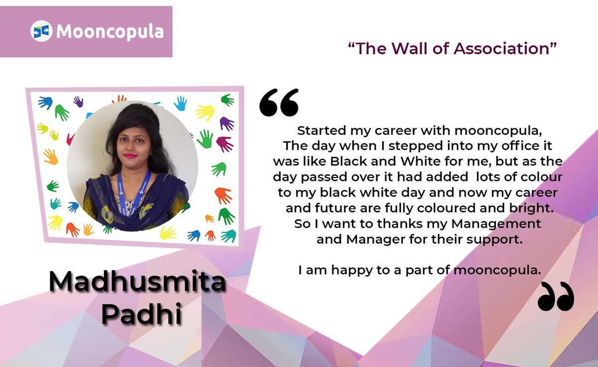 mooncopula's tweet photo. As a part of ‘The Wall of Association’, here is a beautiful experience from one of our employee, Madhusmita Padhi. Thanks for being with us and we look forward to working with you in the future.
#interngoal #corporategoals #mooncopula #softwaredevelopmentcompany https://t.co/x6OGzipPeQ