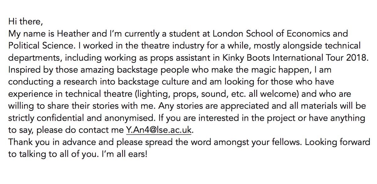 Heather_AYT's tweet photo. Looking for people who have experience in technical theatre &amp; who are willing to share their backstage stories. What you have to say will be strictly confidential and anonymised. Thx a lot &amp; please spread the word! #theatretechnician #stagecraft #techtheatre #stagelife #tourlife https://t.co/orcBbtdfKs