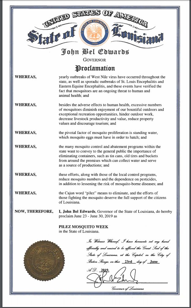 TangiMosquito's tweet photo. Happy Mosquito Control Awareness Week! Governor John Bel Edwards has additionally proclaimed this week as "Pilez Mosquito Week" in Louisiana! Pilez is a Cajun word for eliminate, so eliminate mosquito bites by draining standing water and wearing repellent! #tmad #pilezmosquitoes https://t.co/8CbviCOiLb