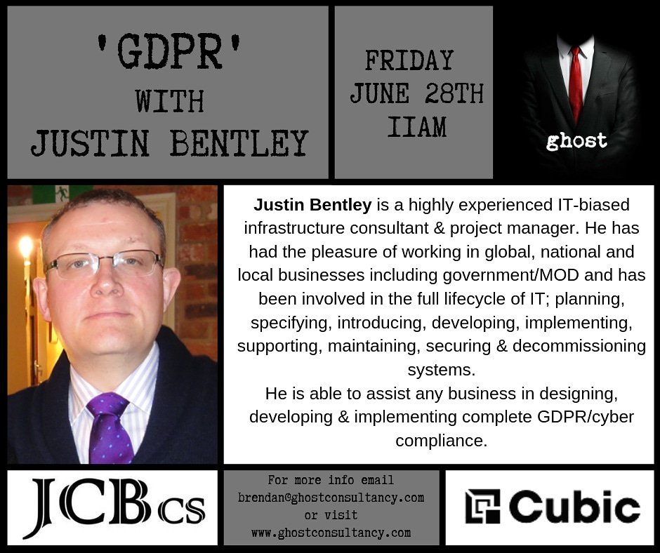 Justin Bentley form JCB Consultants will be my next guest at #ghoststories <a href="/CoworkCubic/">Cubic CoWork</a> Lisburn. This Friday from 11-1. Any questions for Justin?