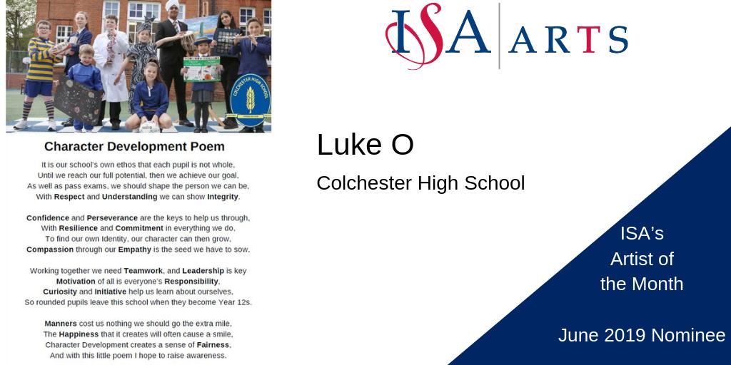 RT to vote for Luke O @ColchesterHigh 
for #ISAArtistofthemonth
Luke entered and won a competition to become the school Poet Laureate. He had to write a poem and a letter of application and was voted no1 by all staff.