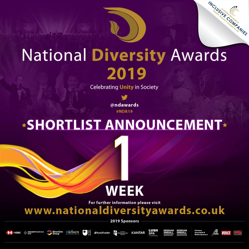 ndawards's tweet photo. 1 Week to go until the official 2019 National Diversity Awards Shortlist will be revealed!!!
#RT If you are excited ?!
#Exciting #Shortlist #1WeekToGo #NationalDiversityAwards #NDA19 https://t.co/xwgBniidfA