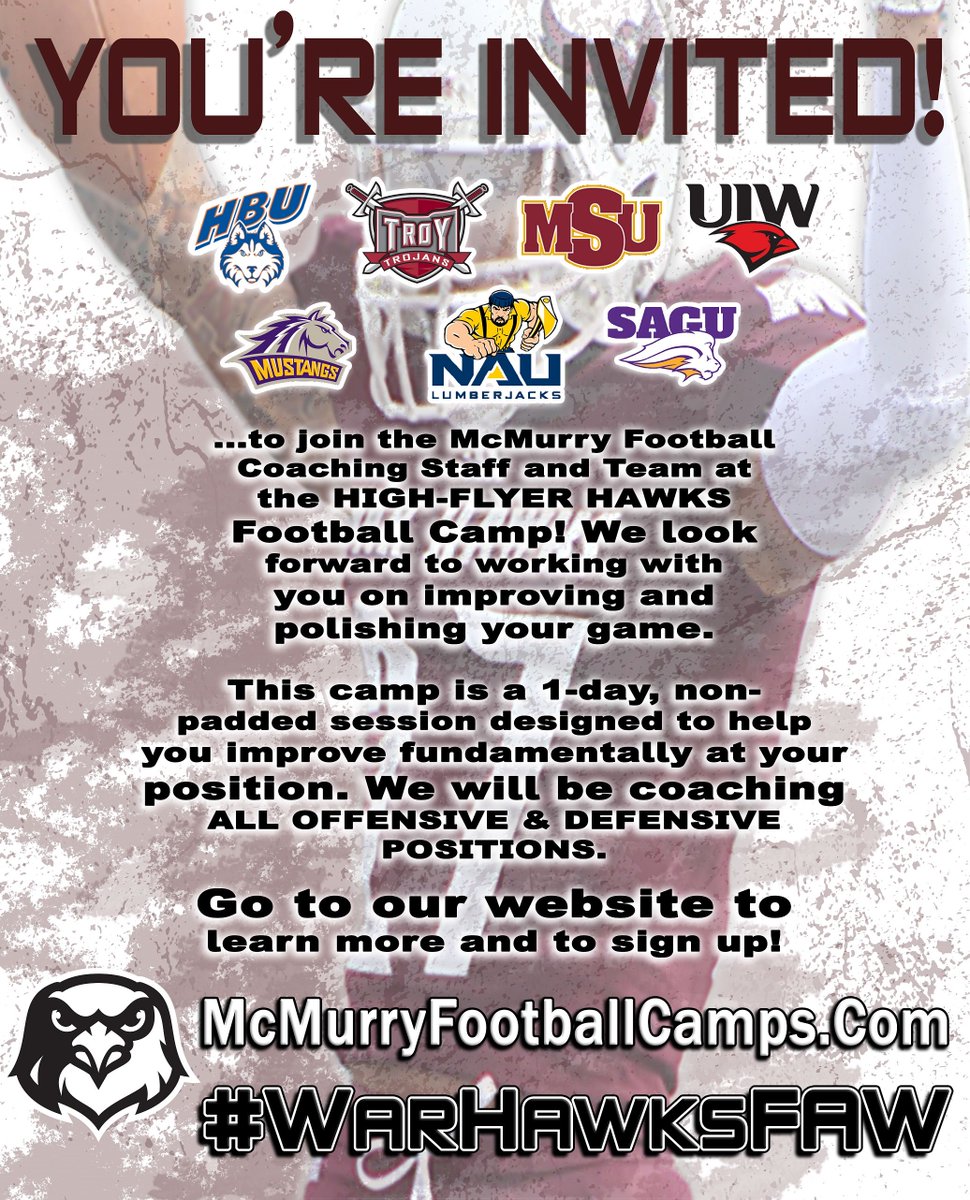 McMURRYFOOTBALL's tweet photo. Less than a week away before we get after it at the MCM Football High Flyer Hawks Camp! LET'S GO! #WarHawksFAW https://t.co/0TOJKcqrny https://t.co/LSGVokHH7L
