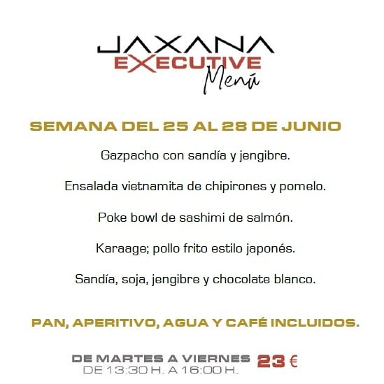 JaXaNaRestauran's tweet photo. ¿Preparados para el #eXecutiveMenu de esta semana 🥢?
- Gazpacho con sandía y jengibre.
- Ensalada vietnamita de chipirones y pomelo.
- Poke bowl de sashimi de salmón.
- Karaage; pollo frito estilo japonés.
- Sandía, soja, jengibre y chocolate blanco. https://t.co/ELbPeSMANC