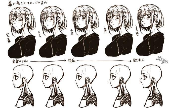 とても簡単に人種の描き分けをするポイント備忘録

『当たり前だけどアジア系の鼻は欧米人と比較して低く小さい』

これだけ覚えておくと人種の描き分けが楽
もちろん個人差があるので、あくまでイメージとして 