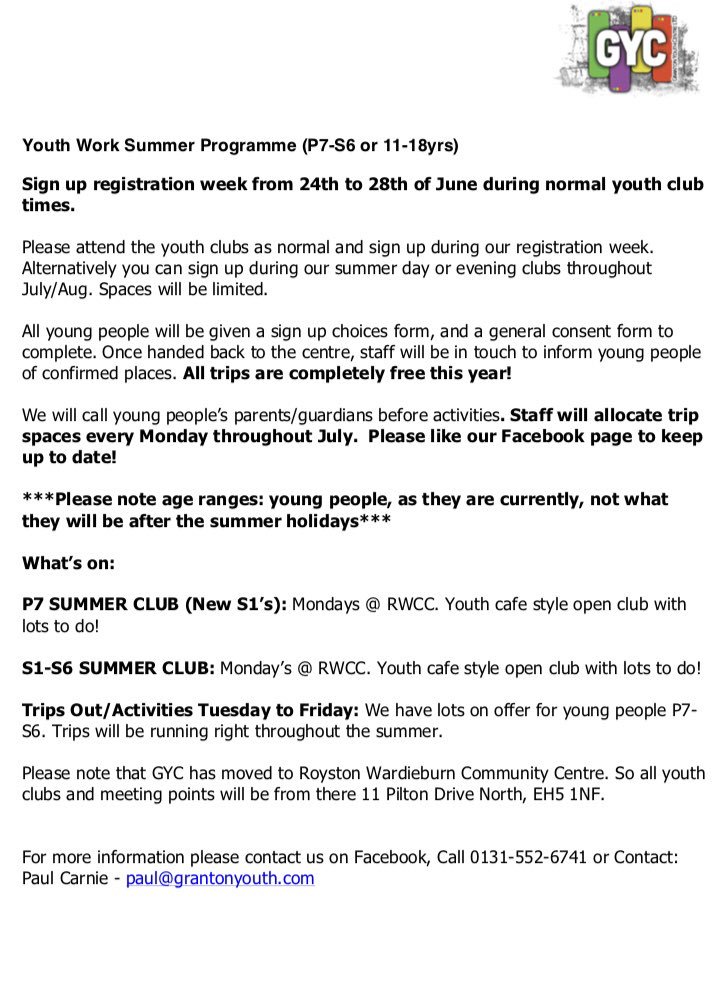 GrantonYouth's tweet photo. Take a look at our 2019 summer programme and information on how to get involved! 😊 https://t.co/TaPqGKQYD1