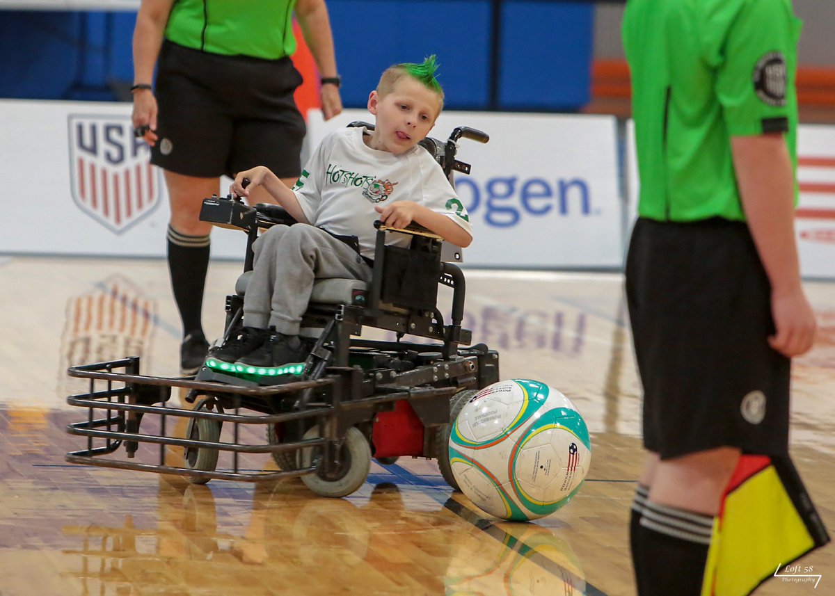 HotShotsPower's tweet image. #TeamSpirit with "Little" Luke on @HotShotsPower! #thegreenmachine #MKseries19 #powersoccerlife #disabilities #wheelchair #sports #USPSAPowerSoccerAssociation