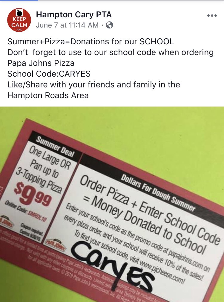 MTChristianPTA's tweet image. It’s always a goood feeling helping @CaryElem #weareCary 
#PTA Order today!!! Don’t forget to use our code #CaryES #papajohnspizzaofHamptonRoads #like #RETWEEET #useourcode