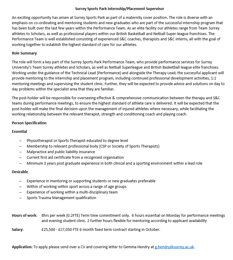 Exciting opportunity available for an experienced @Physiotherapist or @SportsTherapist to work within the performance team at <a href="/Surreysportpark/">Surrey Sports Park</a> helping to develop our Therapy Internship programme.  <a href="/TheSSTofficial/">Sports Therapists</a> <a href="/thecsp/">Chartered Society of Physiotherapy (CSP)</a>
