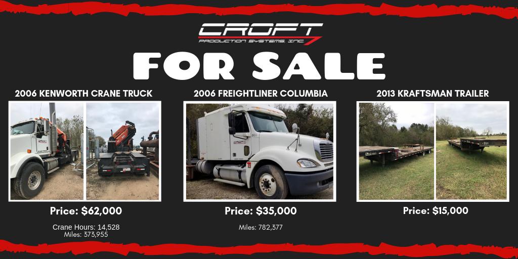 CroftSystemsTX's tweet photo. ***TRUCKS FOR SALE***

2006 Kenworth Crane Truck 
Crane Hours: 14,528
Miles: 373,955
Price: $62,000 

2006 Freightliner Columbia 
Miles: 782,377
Price: $35,000 

2013 Kraftsman Trailer 
Price: $15,000 https://t.co/Mgta3lNW6k