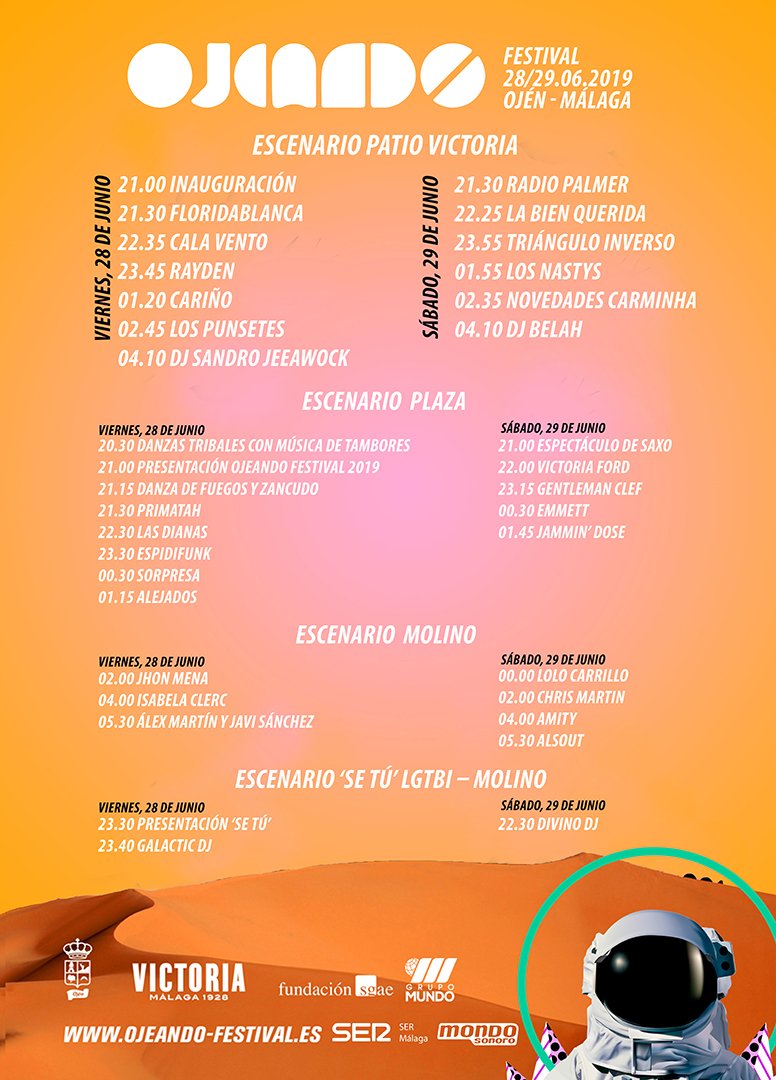 🕙¡Para que no os perdáis nada de esta duodécima edición aquí están todos los horarios distribuidos por escenarios!🕙

🎫 a la venta 👉 bit.ly/2JoALpB

#OjeandoFestival #festivalindie #festival #horarios
