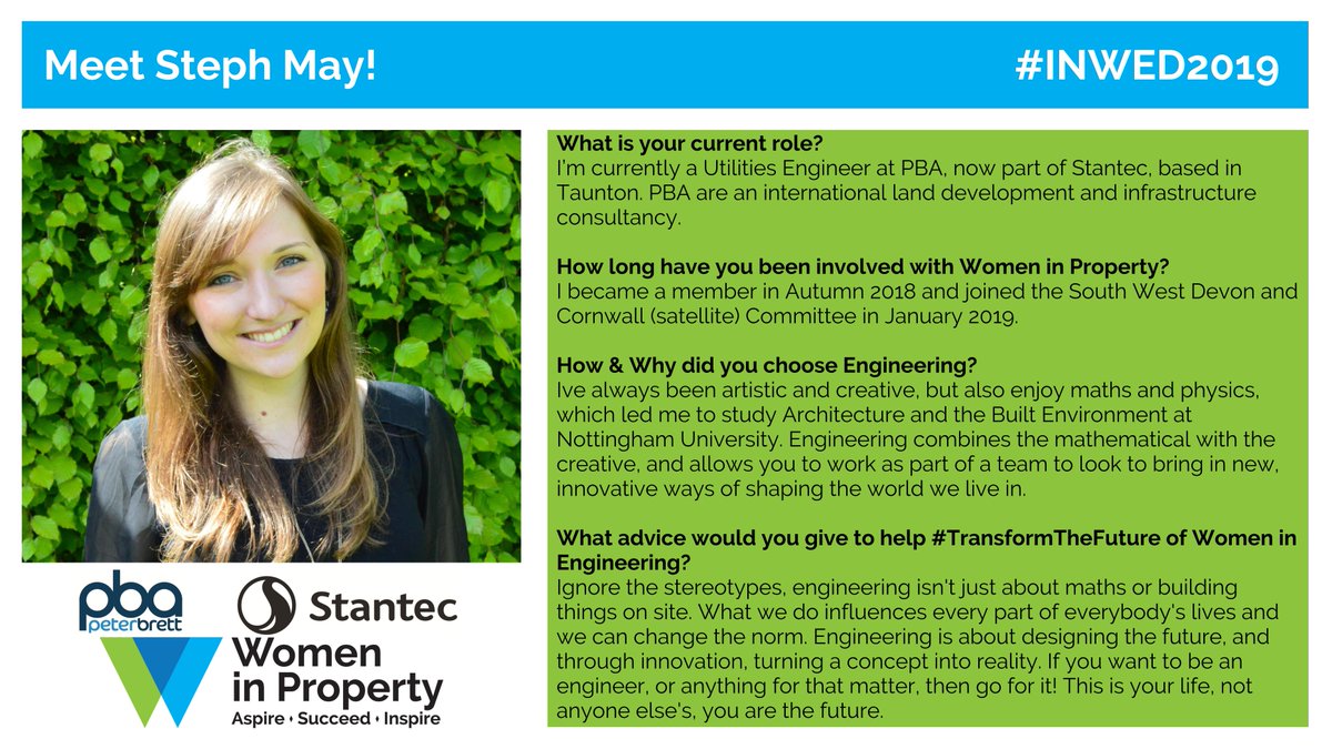 WiP_SW's tweet photo. Continuing with our Engineer profiles, meet Steph May a Utilities Engineer from @PeterBrettLLP now part of @Stantec She has recently joined the @WiP_SW #DevonCornwall satellite committee. Read about her thoughts on #INWED2019 #TransformTheFuture @WES1919 @INWED1919 https://t.co/R3WPIbqoj5