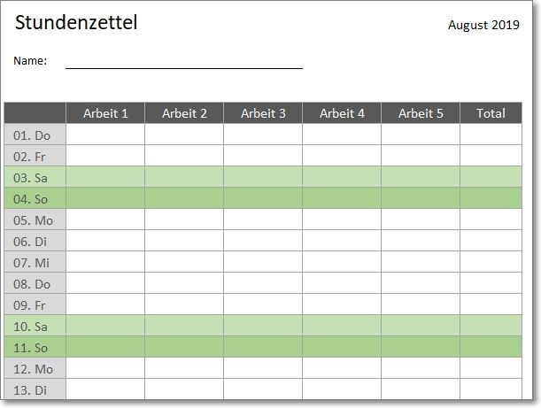 Vorlage zur dokumentation der täglichen arbeitszeit 2019