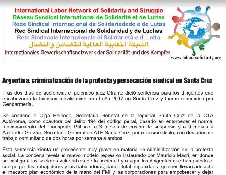 CTAGlobal's tweet photo. La Red Internacional de Solidaridad y de Luchas, que agrupa a organizaciones en América, Europa, África y Asia, repudió la "criminalización de la protesta en Santa Cruz" contra @reinosoolga y @GarznAlejandro. https://t.co/y8J2hEs6j3
